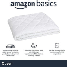 Amazon Basics Hypoallergenic Quilted Plush and Breathable Mattress Topper Pad, 18 Inches Deep, Queen, White