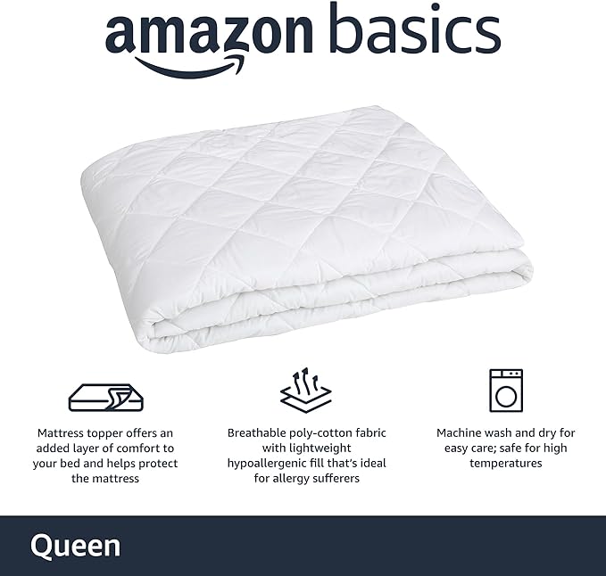 Amazon Basics Hypoallergenic Quilted Plush and Breathable Mattress Topper Pad, 18 Inches Deep, Queen, White