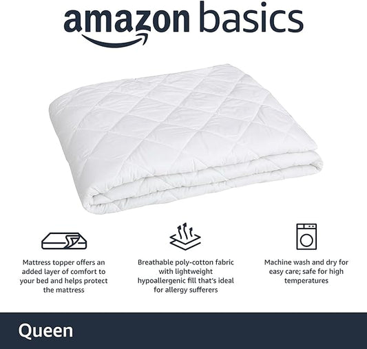 Amazon Basics Hypoallergenic Quilted Plush and Breathable Mattress Topper Pad, 18 Inches Deep, Queen, White
