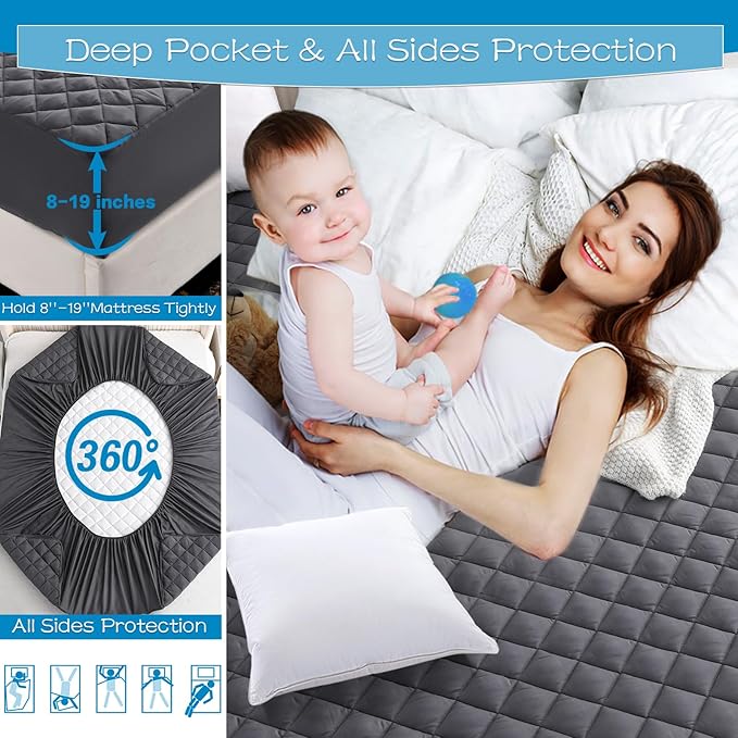 GRT Twin XL Size Grey Quilted Fitted Mattress Pad, 100% Waterproof Breathable Mattress Protector, Noiseless Hollow Cotton Mattress Topper, Fitted 8"-19" Deep, Dust Proof