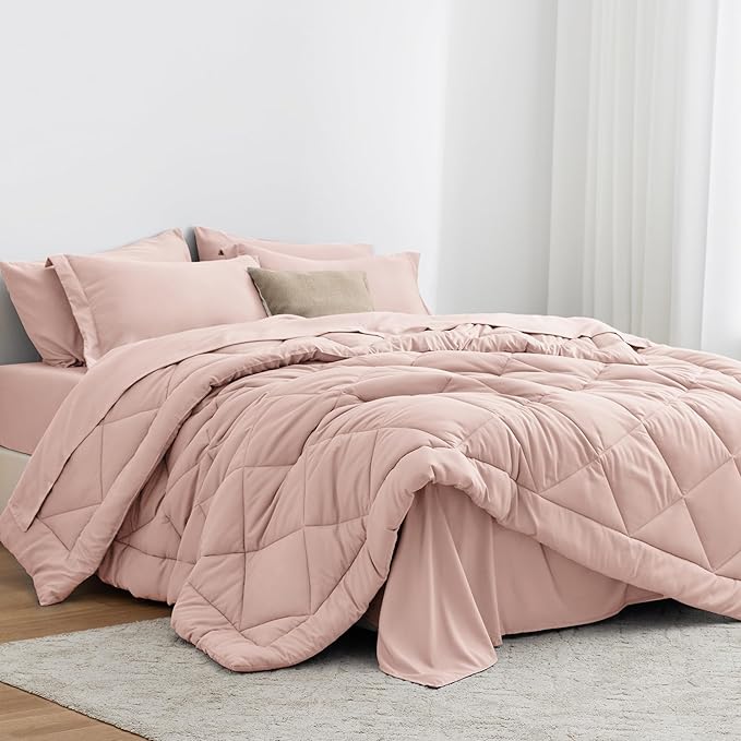 Love's cabin Full Comforter Set Pink, 7 Pieces Full Bed in a Bag, All Season Bedding Sets with 1 Comforter, 1 Flat Sheet, 1 Fitted Sheet, 2 Pillowcase and 2 Pillow Sham