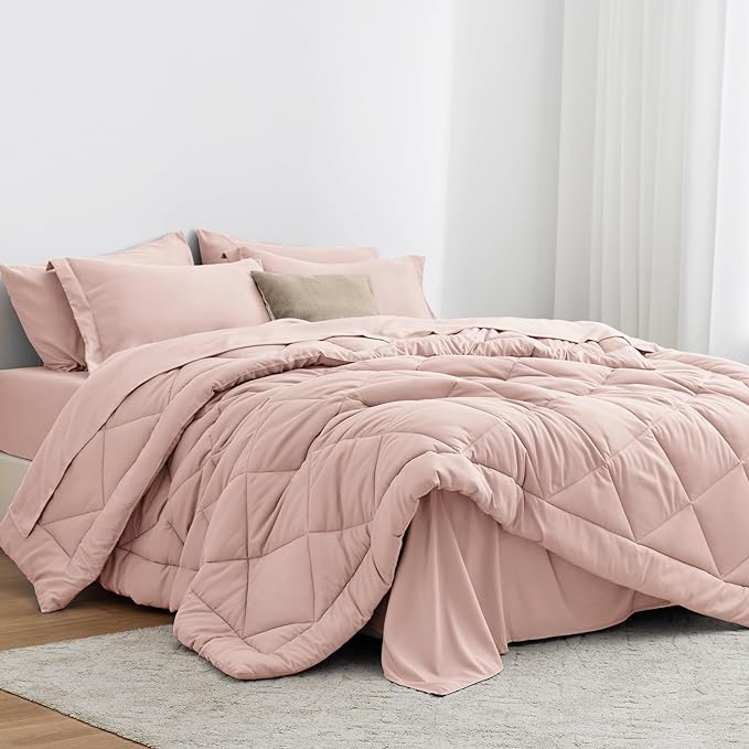Love's cabin Queen Comforter Set Pink, 7 Pieces Queen Bed in a Bag, All Season Bedding Sets with 1 Comforter, 1 Flat Sheet, 1 Fitted Sheet, 2 Pillowcase and 2 Pillow Sham