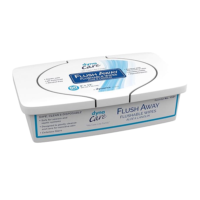 Dynarex 1321 DynaCare Flushable Wipe, For Adults, Alcohol-Free, Safe for Sewers and Septic Systems, 9" x 13", Pack of 540