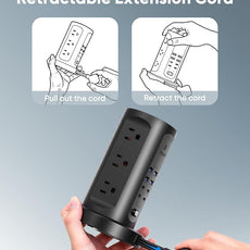 115W USB Charging Station, Surge Protector Power Strip Tower, 9 AC Outlets with 8 USB Ports(4 USB-C), 6Ft Flat Plug Retractable Extension Cord, for Home Office Dorm, Black