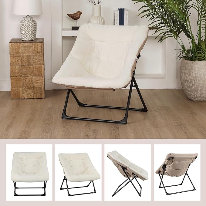 Comfy Saucer Chair for Adults, Soft Faux Fur Bedroom Chair, Accent Dorm Chairs, Flexible Living Room Reading Chairs, Oversized Folding Lounge Seat for Teens, X-Large, Beige