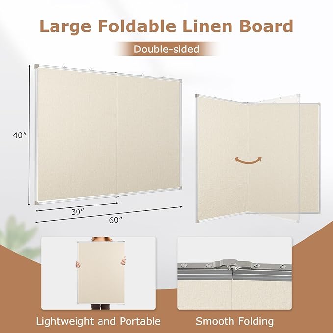DOLLAR BOSS Foldable Linen Board, 60 x 40 Inch Corkboard, Large Bulletin Board, Portable Double Sided Aluminum Frame Wall Mounted Pin Board for Office School Dorm Supplies with 20 Push Pins, White