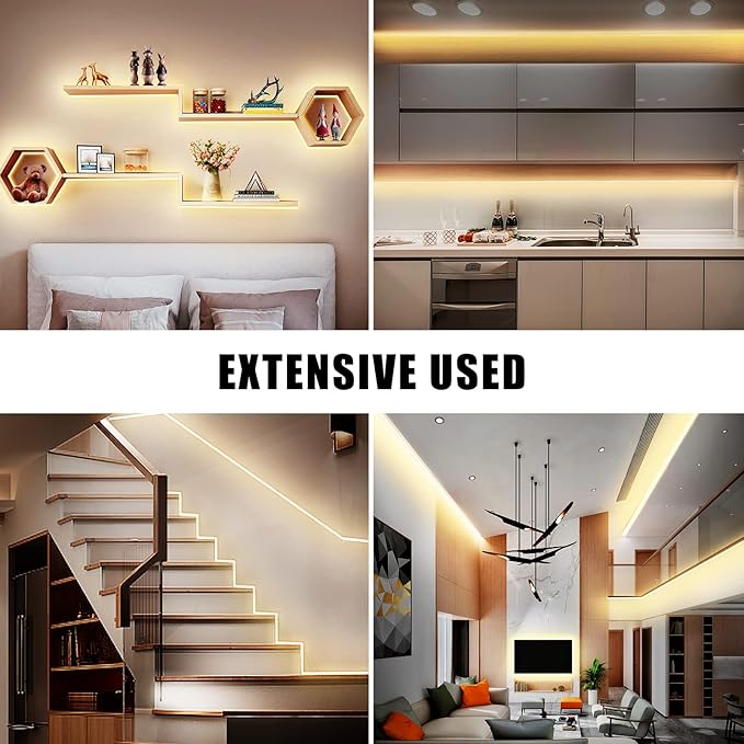 32.8ft 3000K Bright COB LED Strip Light, Dimmable, Warm White, Indoor, RF Remote, Adhesive, for Living Room, Shelf, Cabinet, Kitchen