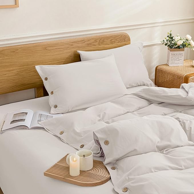 JELLYMONI Cotton Duvet Cover Twin XL Size - Beige Comforter Cover with Button 100% Washed Cotton 2PCS Breathable Soft Solid Bedding Set Duvet Cover 66×92in & 1 Pillowcase (NO Comforter)