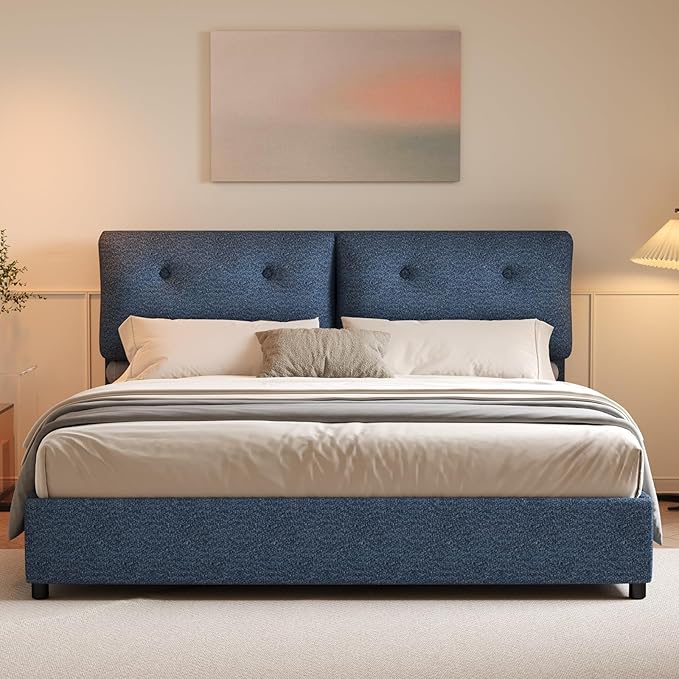 Boucle Upholstered Bed Frame King Size, Low Platform Bed King, Modern Soft Style, Adjustable Headboard, No Box Spring Needed, Easy Assembly, Blue