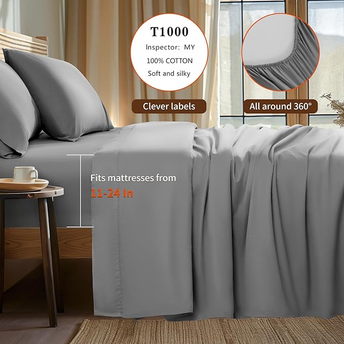 LBRO2M 100% Cotton Sheets Set Deep Pocket 24", 1000 Thread Count King Size 4 Piece Bed Sheet Sets Soft Comfortable Bedding All Season (King, Gray) LBRO2MBedding