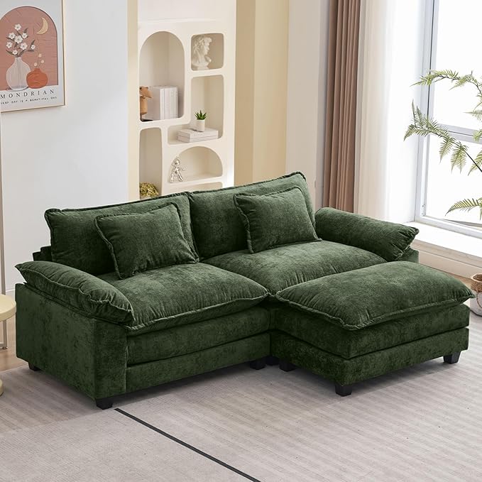 86" Modular Sectional Sofa, Comfy Cloud Couch Sectional Sofa with Ottoman, Chenille Sofa Sleeper Deep Seat Sofa with Throw Pillows for Living Room (Green, 86"- L Shape)