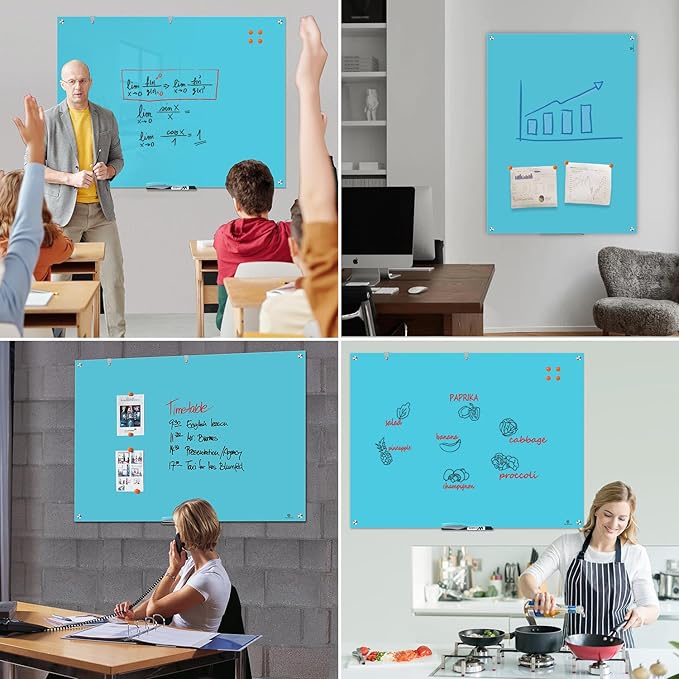 TSJ OFFICE Glass Dry-Erase Board - 48 x 32 Inches Wall Mounted Glass Whiteboard, Large Frameless Magnetic White Board for Office, Home & School, Blue