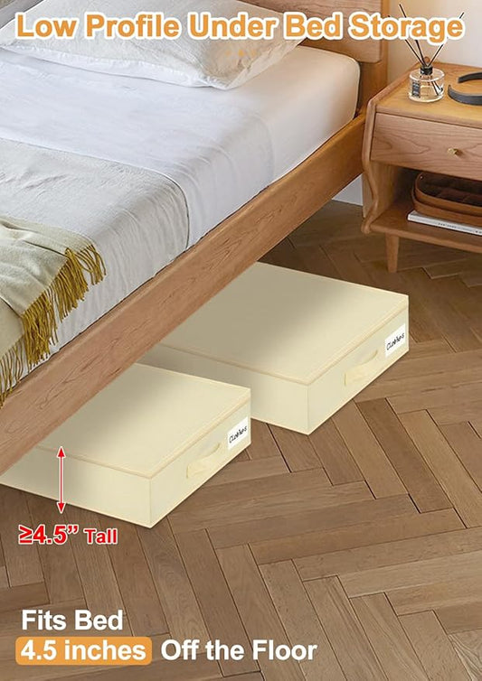 punemi 4.5 Inch Tall Low Profile Under Bed Storage Containers Bins, 2Pcs Shallow Flat Underbed Clothes Storage With Sturdy Structure Support, Under Couch & Sofa Storage For College Dorm Room, Beige