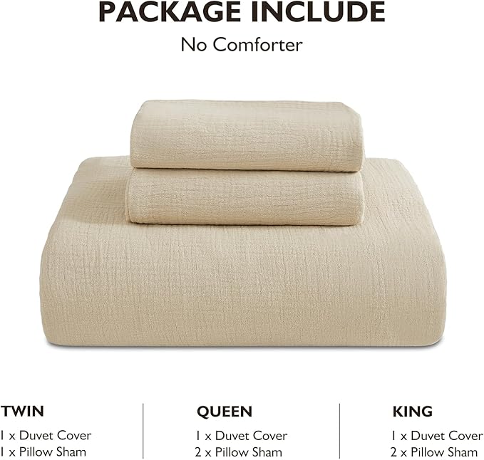 EMME Muslin Cotton Duvet Cover Set Light Tan Queen Size Linen Like Soft Breathable Lightweight Summer Comforter Cover Set with Zipper Closure (Light Tan, Queen, 90"x90")