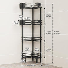 Orimade Rustproof 4 Tier Floor Standing Corner Shower Caddy Organizer with Toothbrush Holder, Large Spacing Floor Shower Shelf Rack Storage Stands with Hooks for Bathroom Kitchen, Black