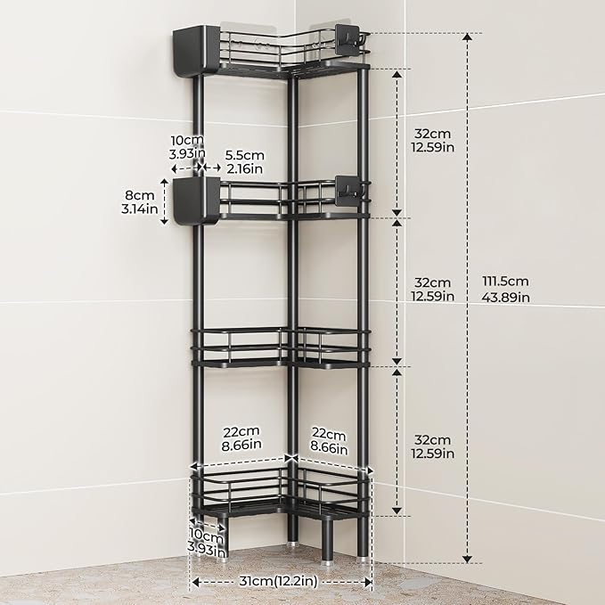 Orimade Rustproof 4 Tier Floor Standing Corner Shower Caddy Organizer with Toothbrush Holder, Large Spacing Floor Shower Shelf Rack Storage Stands with Hooks for Bathroom Kitchen, Black
