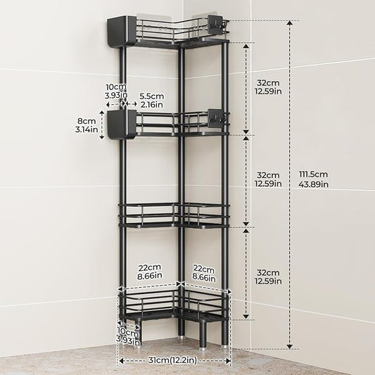 Orimade Rustproof 4 Tier Floor Standing Corner Shower Caddy Organizer with Toothbrush Holder, Large Spacing Floor Shower Shelf Rack Storage Stands with Hooks for Bathroom Kitchen, Black