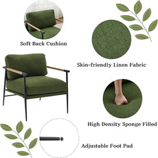 Mid-Century Accent Chair, Soft Armchair Linen Fabric Lounge Chair with Black Metal Legs, Upholstered Leisure Chair for Living Room Reception Room, 1PC, Green