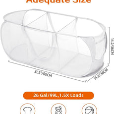 Durable Collapsible Foldable Mesh Pop Up Laundry Basket, 3 Compartments Easy to Carry & Sort Clothes Hampers for Home, Dorm, Travel White