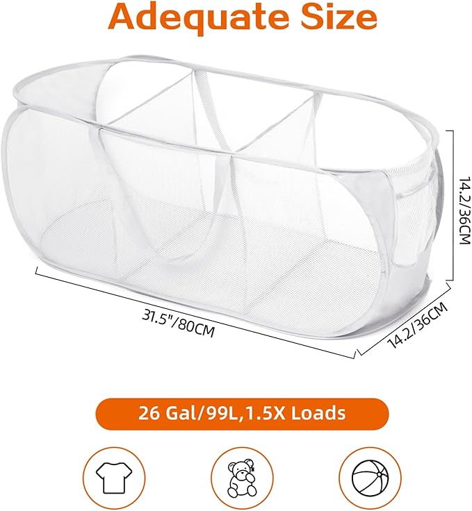 Durable Collapsible Foldable Mesh Pop Up Laundry Basket, 3 Compartments Easy to Carry & Sort Clothes Hampers for Home, Dorm, Travel White