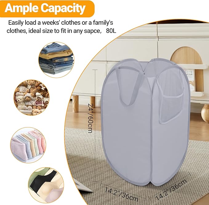Sturdy Collapsible Laundry Baskets with Side Pocket, Pop Up Laundry Hamper Lightweight, Foldable Thick Fabric Clothes Basket with Reinforced Handles for Bedrooms, Dorm, Bathrooms, Travel Grey