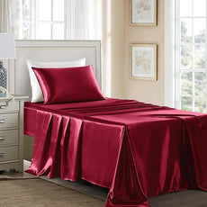 Satin Sheets Twin Size - 3 Pieces Luxury Silky Soft Bed Sheets for Kids, Wrinkle-Free Burgundy Satin Silk Sheet Set with 1 Deep Pocket Fitted Sheet, 1 Flat Sheet, 1 Pillow case