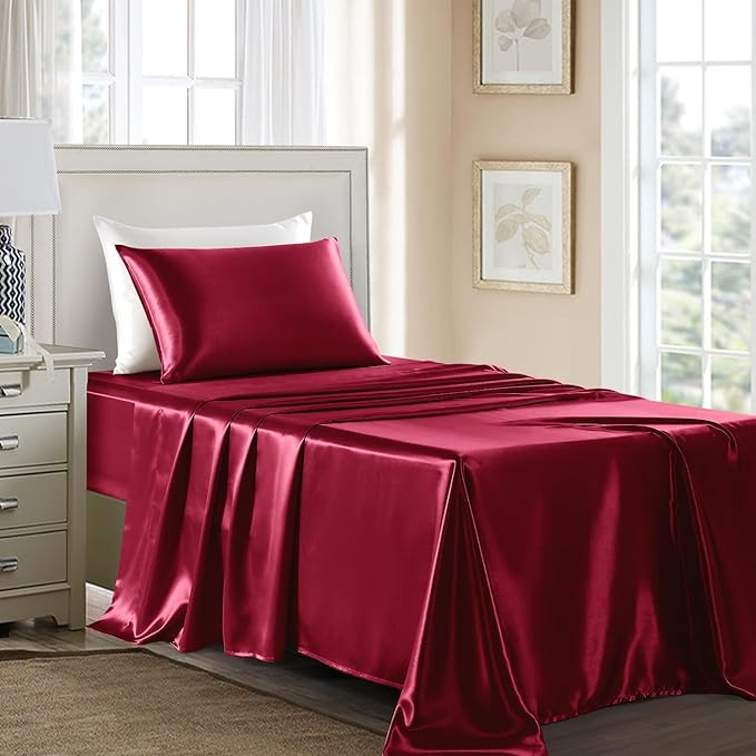 Satin Sheets Twin Size - 3 Pieces Luxury Silky Soft Bed Sheets for Kids, Wrinkle-Free Burgundy Satin Silk Sheet Set with 1 Deep Pocket Fitted Sheet, 1 Flat Sheet, 1 Pillow case