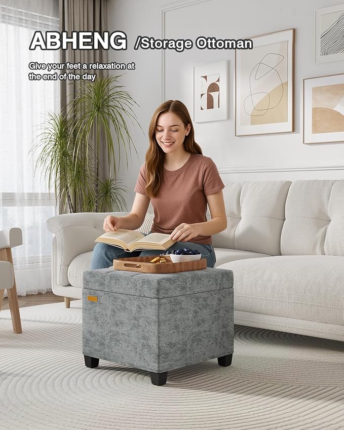 17.7 inches Chenille turfed Ottomans Cube with Storage, Metal-Framed Square Storage Ottoman Foot Rest Stool Holds 770 LB for Dorm Living Room Bedroom Gray UASN641G