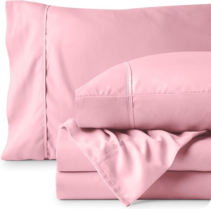 Bare Home Queen Sheet Set - Luxury 1800 Ultra-Soft Microfiber - Double Brushed - Deep Pockets - Easy Fit - 4 Piece Set - Bedding Sheets & Pillowcases (Queen, Light Pink) BareHome