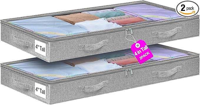 punemi Under Bed Storage Containers, Below 4 Inches Tall Low Profile Underbed Storage, NO STRUCTURE, Soft Foldable Underbed Cloth Storage Bags, Zipper Blanket Storage Container, 2Pack, 20x40x3.7in