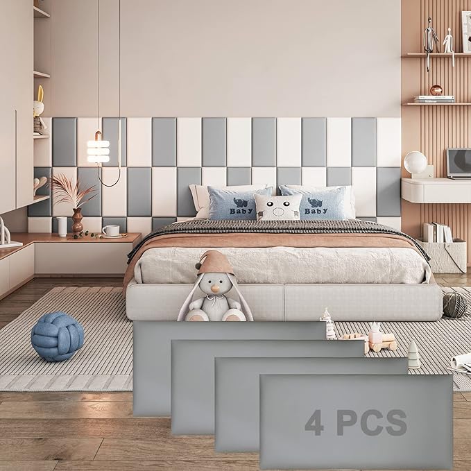 Peel and Stick Headboard Grey Upholstered Wall Panels Pack of 4 Panels 3D Anti-Collision Wall Padding Wall Mounted headboard Soundproof Wall Panels