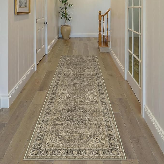 3x8 Washable Brown Runner Rug Vintage Hallway Kitchen Carpet Non-Slip Soft Low Pile Distressed Throw Rug for Bedroom Bathroom Laundry Living Room