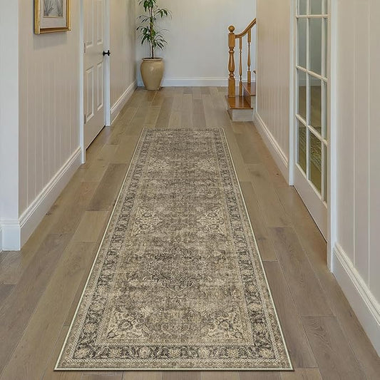 3x8 Washable Brown Runner Rug Vintage Hallway Kitchen Carpet Non-Slip Soft Low Pile Distressed Throw Rug for Bedroom Bathroom Laundry Living Room