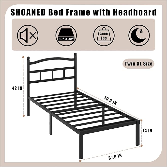 Metal Bed Frame with Headboard - 14 Inch Twin XL Size Heavy Duty Bedframe Black Basic Steel Slats Platform No Box Spring Needed/Easy Assembly/Noise Free