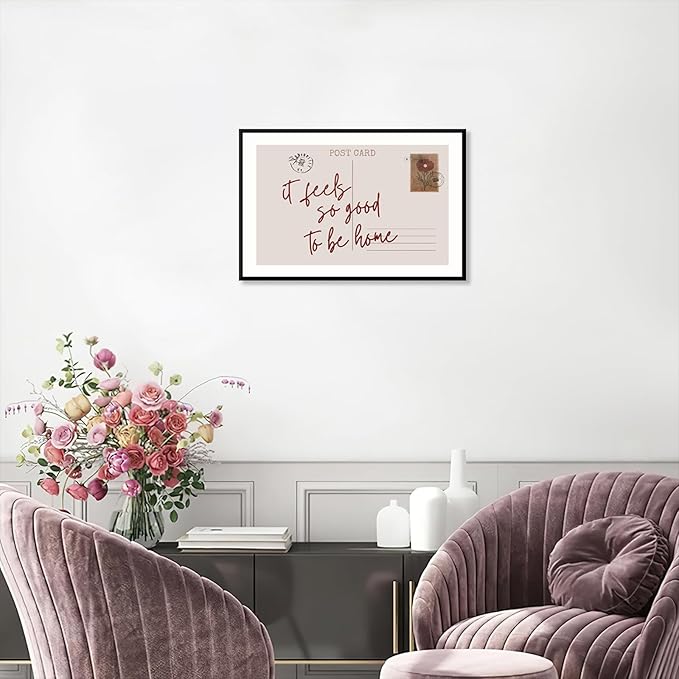Retro Postcard Poster Neutral Feels So Good To Be Home Wall Art Trendy Pink Girly Room Decor Funky Quotes Canvas Prints Modern Stamp Sign Aesthetic for Dorm Apartment Bedroom 24x36in Metal Black Frame