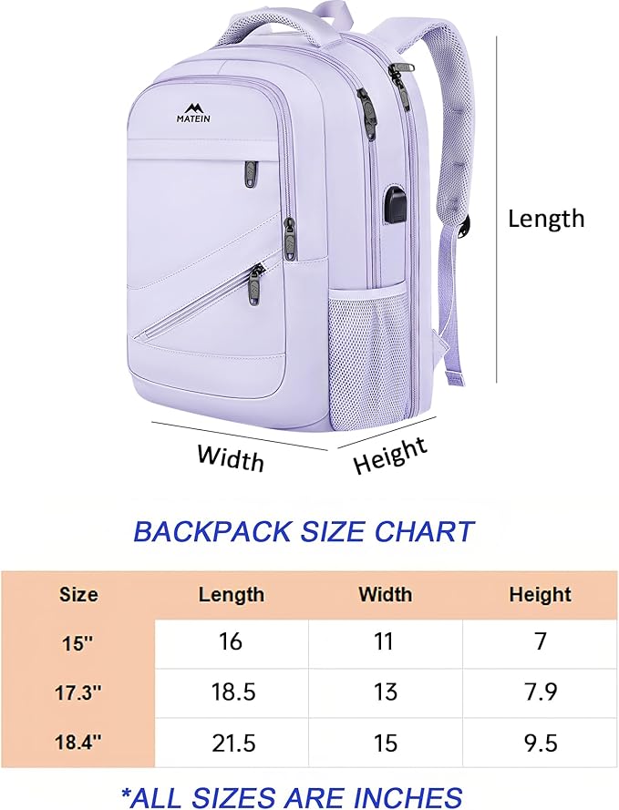 MATEIN Extra Large Laptop Backpack for Women, 50 L TSA Carry On with Multiple Organized Pockets, Anti Theft Water Resistant Travel Laptop Backpack Fits 18.4 In Computer, Light Purple