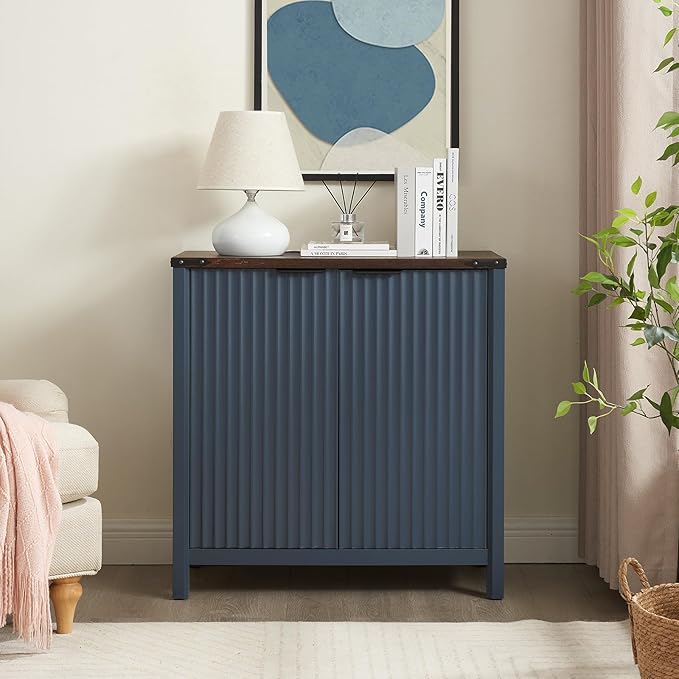 32 Fluted Sideboard Storage Cabinet Buffet - 7-Level Adjustable Shelves, Modern Farmhouse Rustic Kitchen Console Accent Cabinets, Coffee Bar Table for Dining Room (Navy Blue)