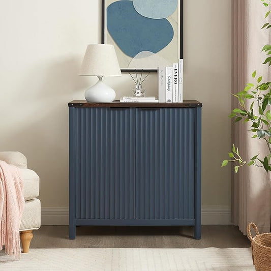 32 Fluted Sideboard Storage Cabinet Buffet - 7-Level Adjustable Shelves, Modern Farmhouse Rustic Kitchen Console Accent Cabinets, Coffee Bar Table for Dining Room (Navy Blue)