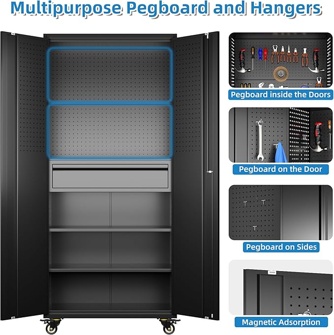 SUXXAN 71" Metal Garage Storage Cabinet with 16 Hooks and Pegboards,1 Drawer Inside Rolling Tool Storage Cabinet with Adjustable Shelves,3 Metal Hanging Rod for Garage,Warehouse