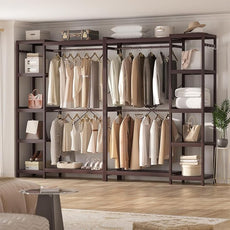 Homykic Bamboo Clothes Rack Garment Rack for Hanging Clothes, Heavy Duty Clothing Rack with 7 Tiers Adjustable Shelves, Double Rods, 4 Hooks, Freestanding Closet System Organizer Wardrobe, Espresso