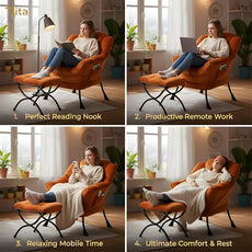 Tiita Lazy Chair with Ottoman, Modern Large Accent Lounge Armchair, Comfy Leisure Sofa Reading Chair with Footrest for Bedroom, Living Room, Dorm Rooms, Garden and Courtyard, Velvet Orange