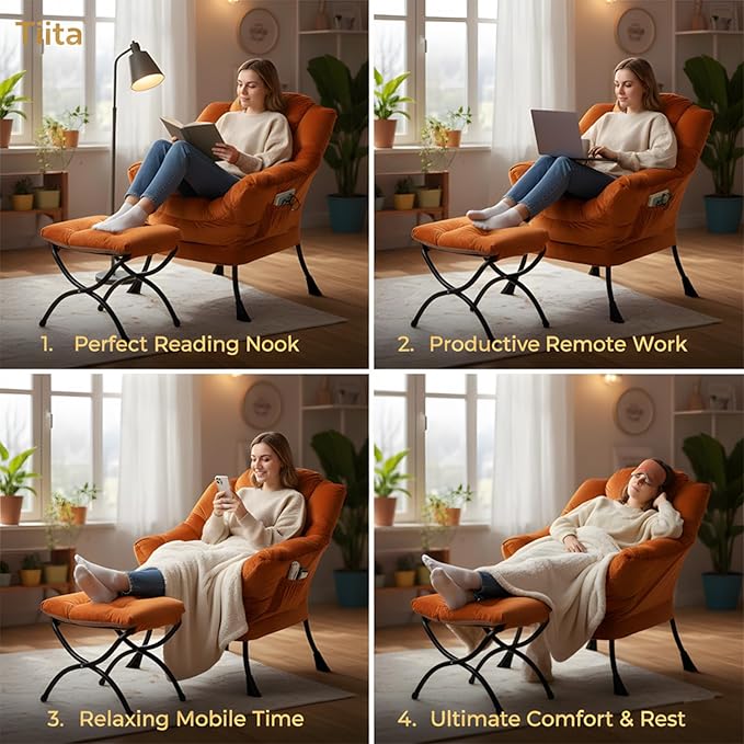Tiita Lazy Chair with Ottoman, Modern Large Accent Lounge Armchair, Comfy Leisure Sofa Reading Chair with Footrest for Bedroom, Living Room, Dorm Rooms, Garden and Courtyard, Velvet Orange