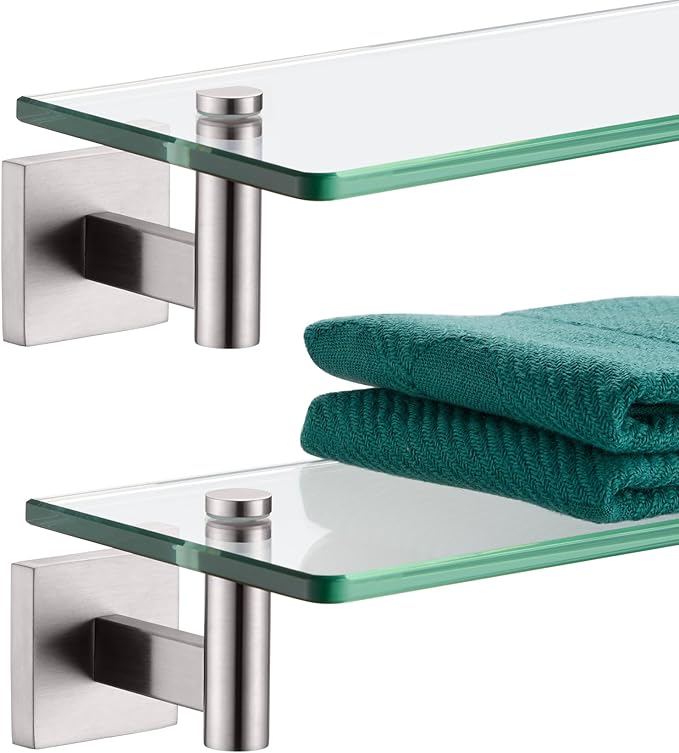 KOKOSIRI Floating Shelf Bathroom Wall Mount Shelves 12-Inch for Bedroom Living Room Kitchen Hanging Rack Brushed Stainless Steel 2 Pack B1105BR-L12-P2