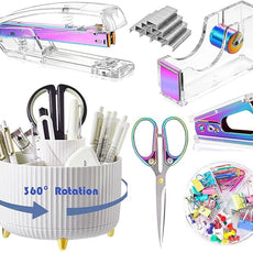 Desk Organizers and Accessories Set with 360-Degree Rotating Pen Holder, Acrylic Stapler, Tape Holder, Staple Remover, Binder/Paper Clips Kit, Scissor and 1 Box of Staples
