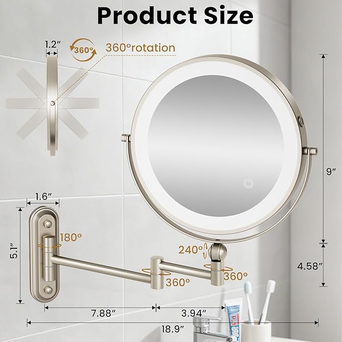 Rocollos 9-Inch Large Makeup Mirror with 30X Magnification, Rechargeable Wall Mounted Vanity Mirror with Lights, 3 Color Dimmable LED, Touch Screen & Retractable Arm-Black (9INCH-Nickel)