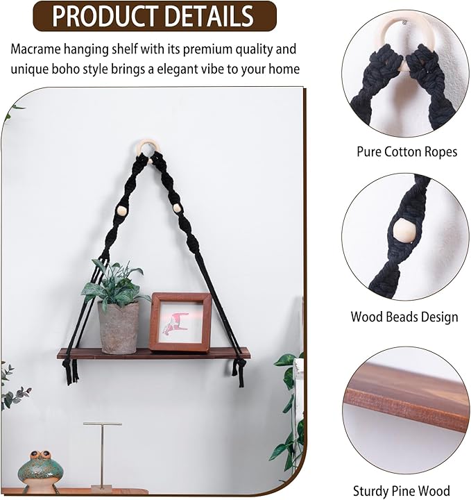 Artilady Macrame Black Floating Shelf - Boho Wooden Wall Shelves Hanging Decor, Rustic Hanging Storage Rack Hand Woven Plant Shelf Decor for Bedroom Living Room Nursery Dorm Room