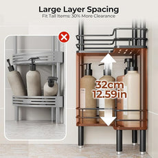 Orimade Rustproof 2 Tier Floor Standing Corner Shower Caddy Organizer with Toothbrush Holder, Large Spacing Floor Shower Shelf Rack Storage Stands with Hooks for Bathroom Kitchen, Black