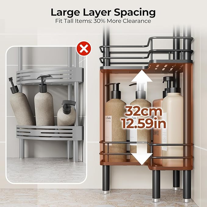 Orimade Rustproof 3 Tier Floor Standing Corner Shower Caddy Organizer with Toothbrush Holder, Large Spacing Floor Shower Shelf Rack Storage Stands with Hooks for Bathroom Kitchen, Black