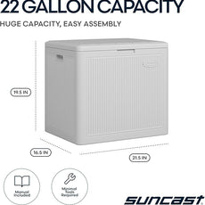 Suncast 22-Gal. Waterproof Resin Small Outdoor Patio Deck Box with Reeded Design, Modern Outdoor Patio Bench/Storage Box for Cushions, Garden Tools, and More, French Gray