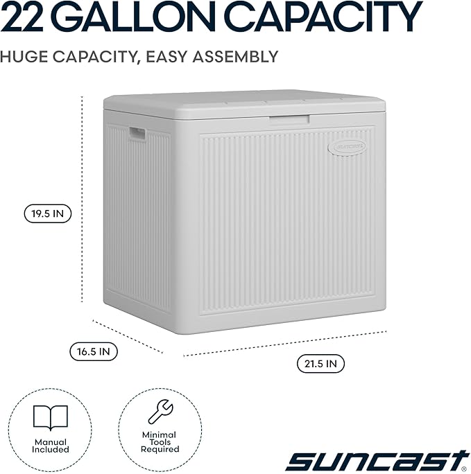 Suncast 22-Gal. Waterproof Resin Small Outdoor Patio Deck Box with Reeded Design, Modern Outdoor Patio Bench/Storage Box for Cushions, Garden Tools, and More, French Gray